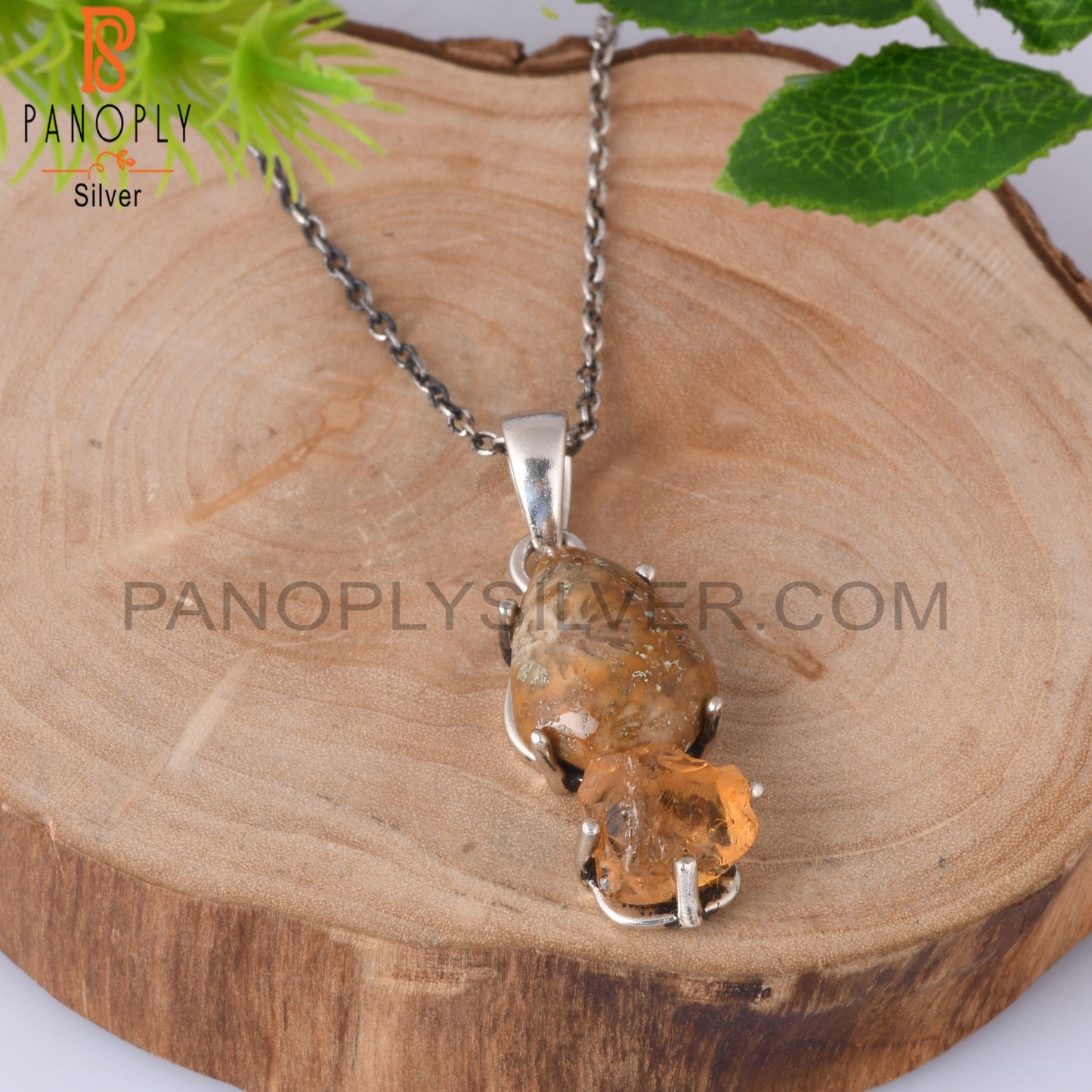Citrine & Fossil Coral 925 Sterling Silver Pendant With Chain