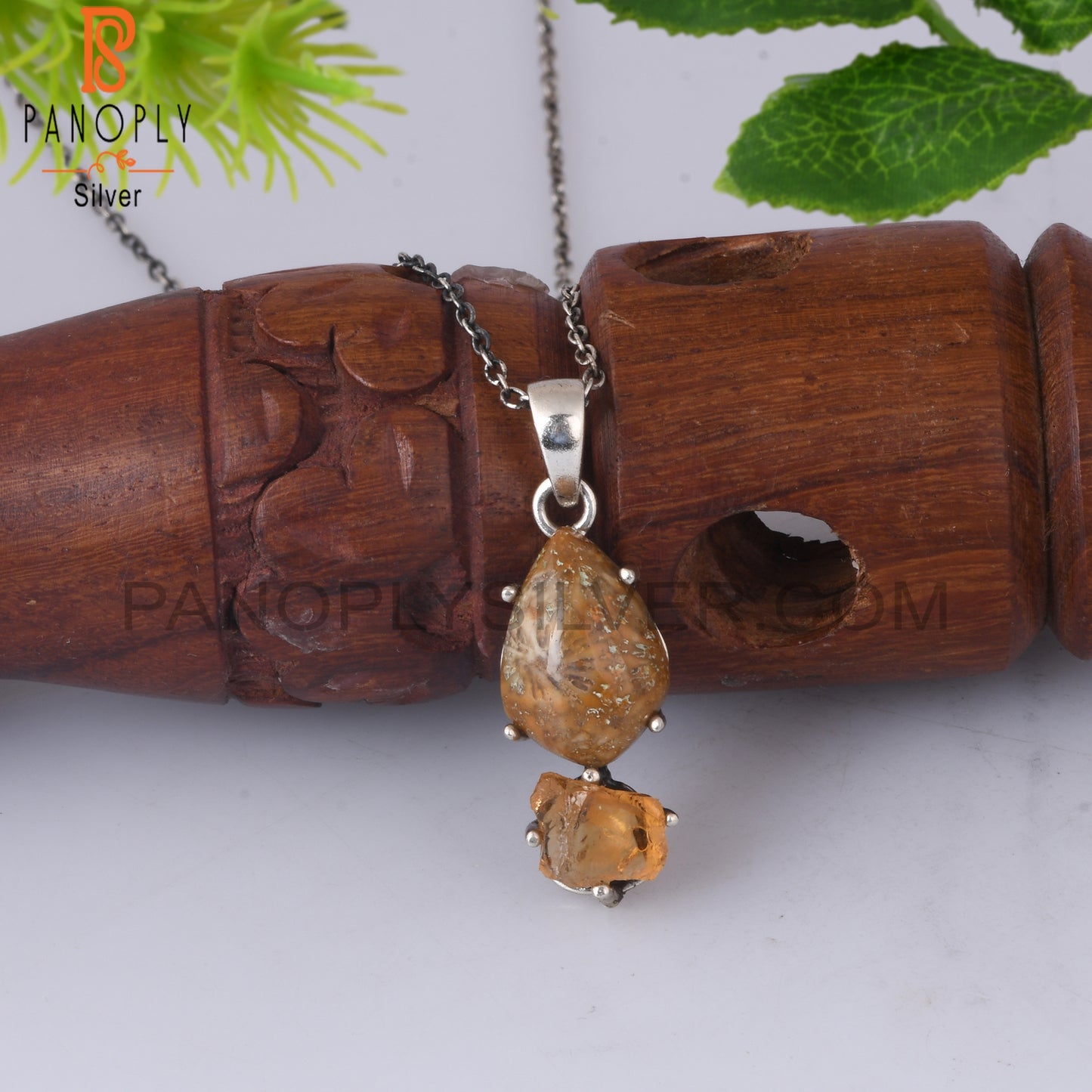 Citrine & Fossil Coral 925 Sterling Silver Pendant With Chain