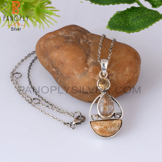 Citrine, Golden Rutile, Fossil Coral 925 Silver Pendant
