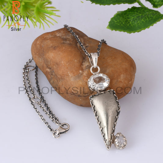 Pyrite, Green Amethyst, Crystal Quartz 925 Silver Pendant