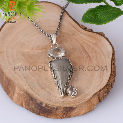 Pyrite, Green Amethyst, Crystal Quartz 925 Silver Pendant