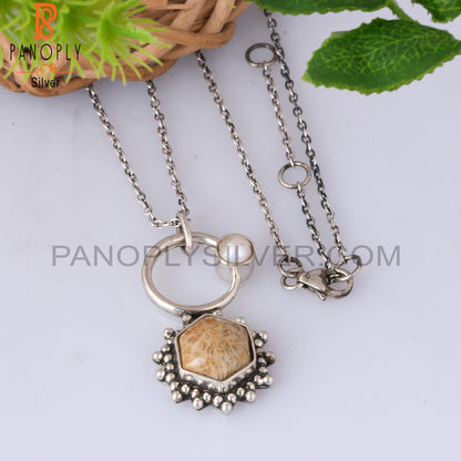 Fossil Coral & Pearl 925 Sterling Silver Pendant With Chain