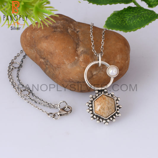 Fossil Coral & Pearl 925 Sterling Silver Pendant With Chain