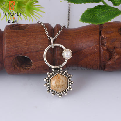 Fossil Coral & Pearl 925 Sterling Silver Pendant With Chain