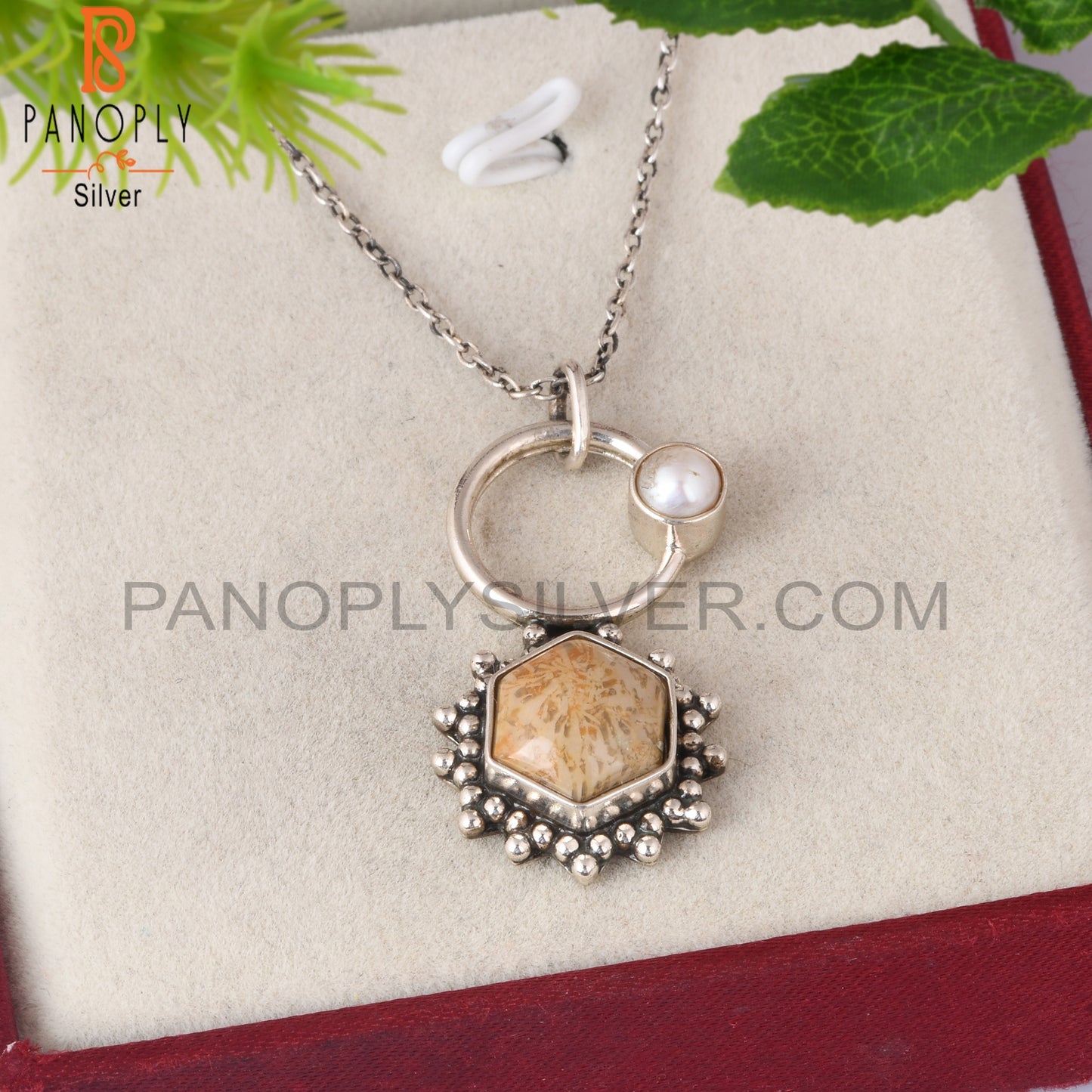 Fossil Coral & Pearl 925 Sterling Silver Pendant With Chain