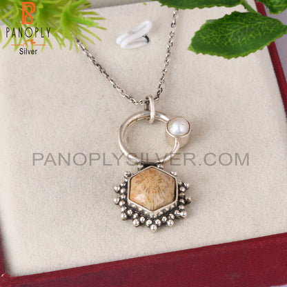 Fossil Coral & Pearl 925 Sterling Silver Pendant With Chain