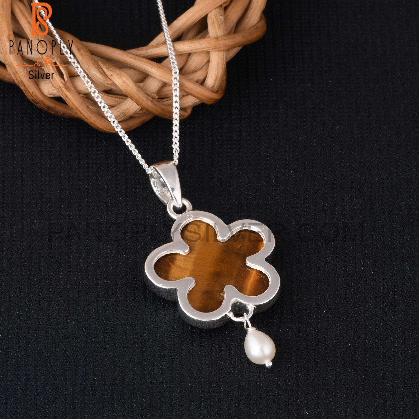 Tiger Eye Yellow 925 Sterling Silver Pendant With Chain