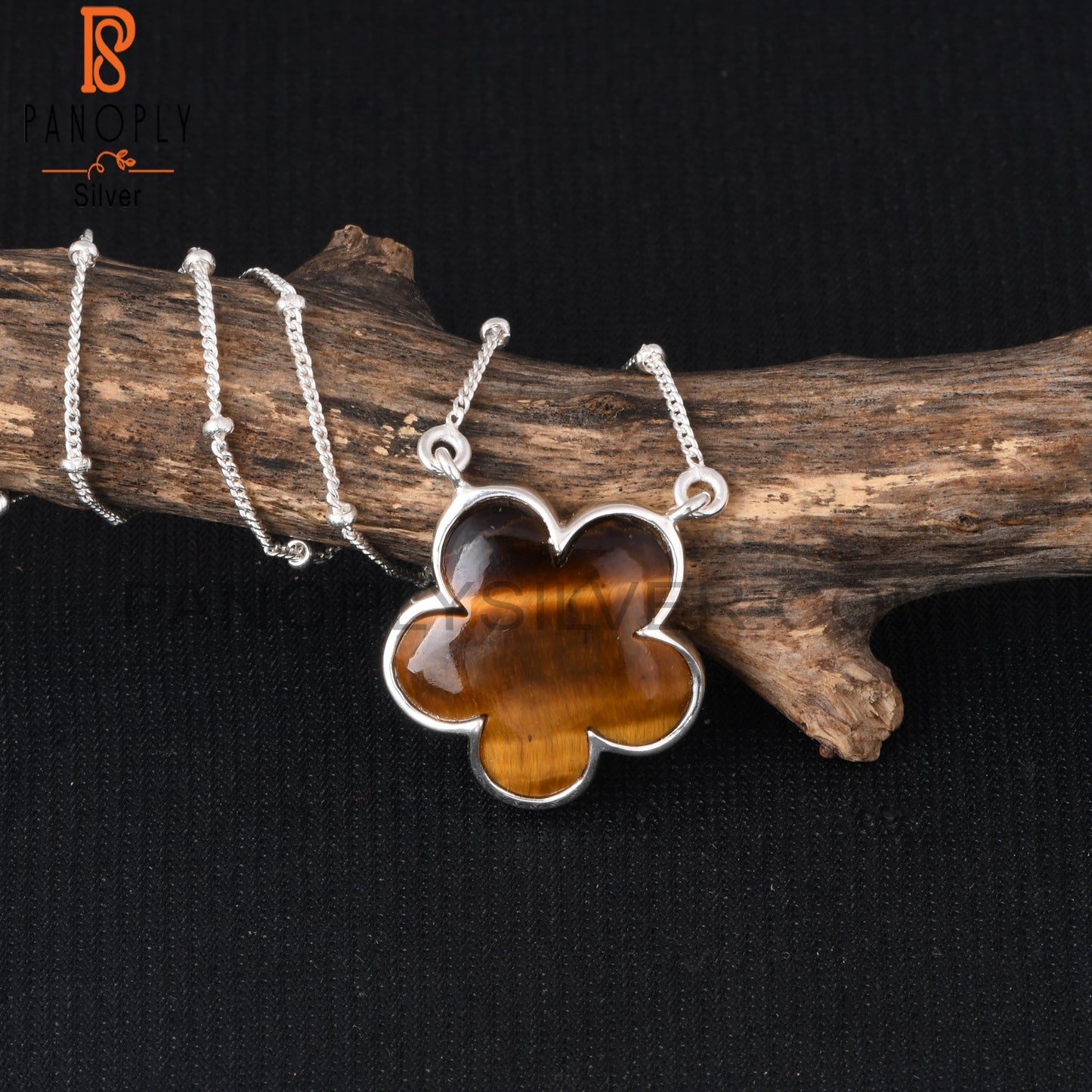 Tiger Eye Yellow Flower 925 Silver Pendant Ball Chain