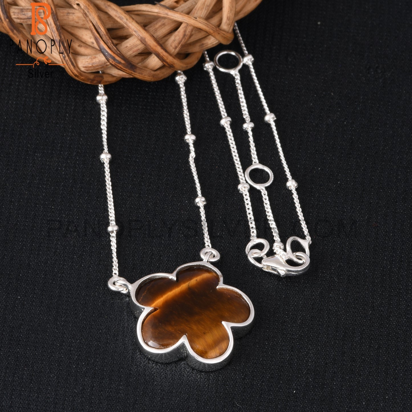 Tiger Eye Yellow Flower 925 Silver Pendant Ball Chain