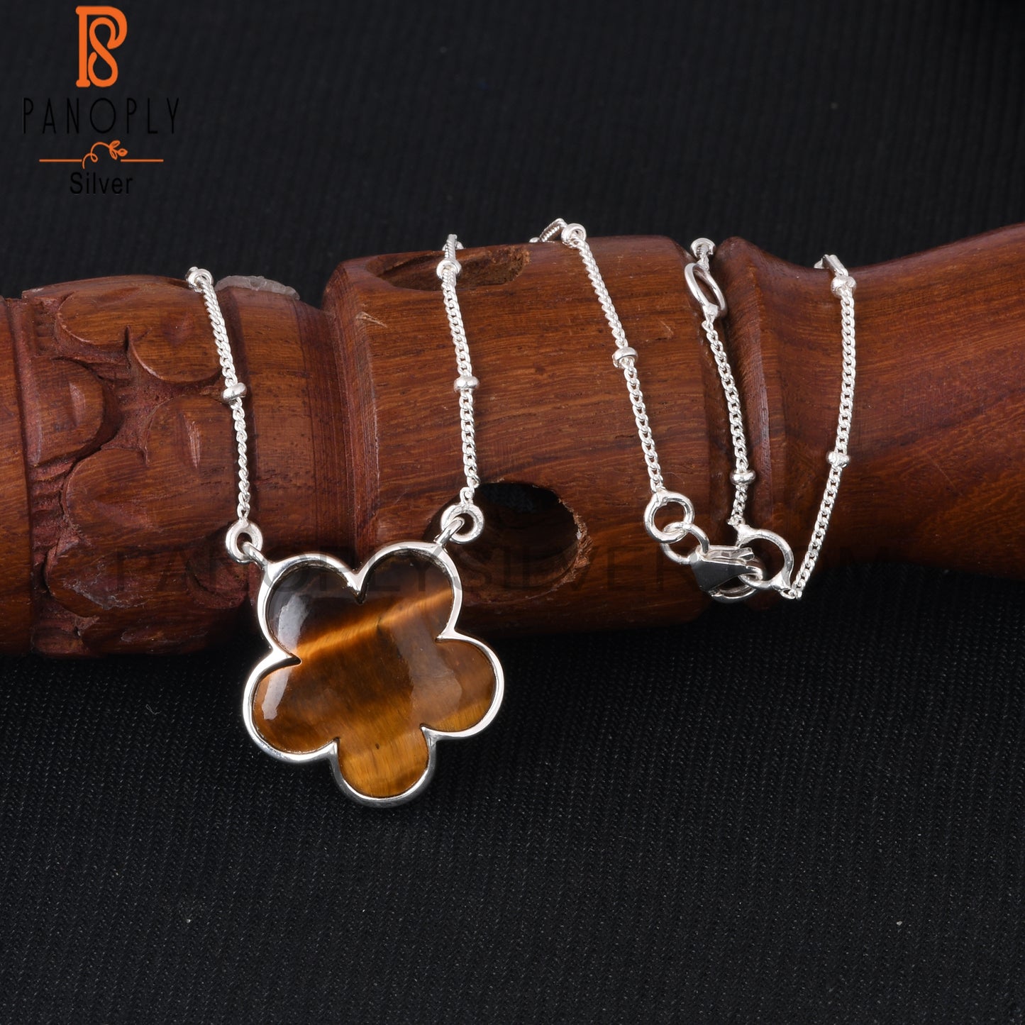 Tiger Eye Yellow Flower 925 Silver Pendant Ball Chain