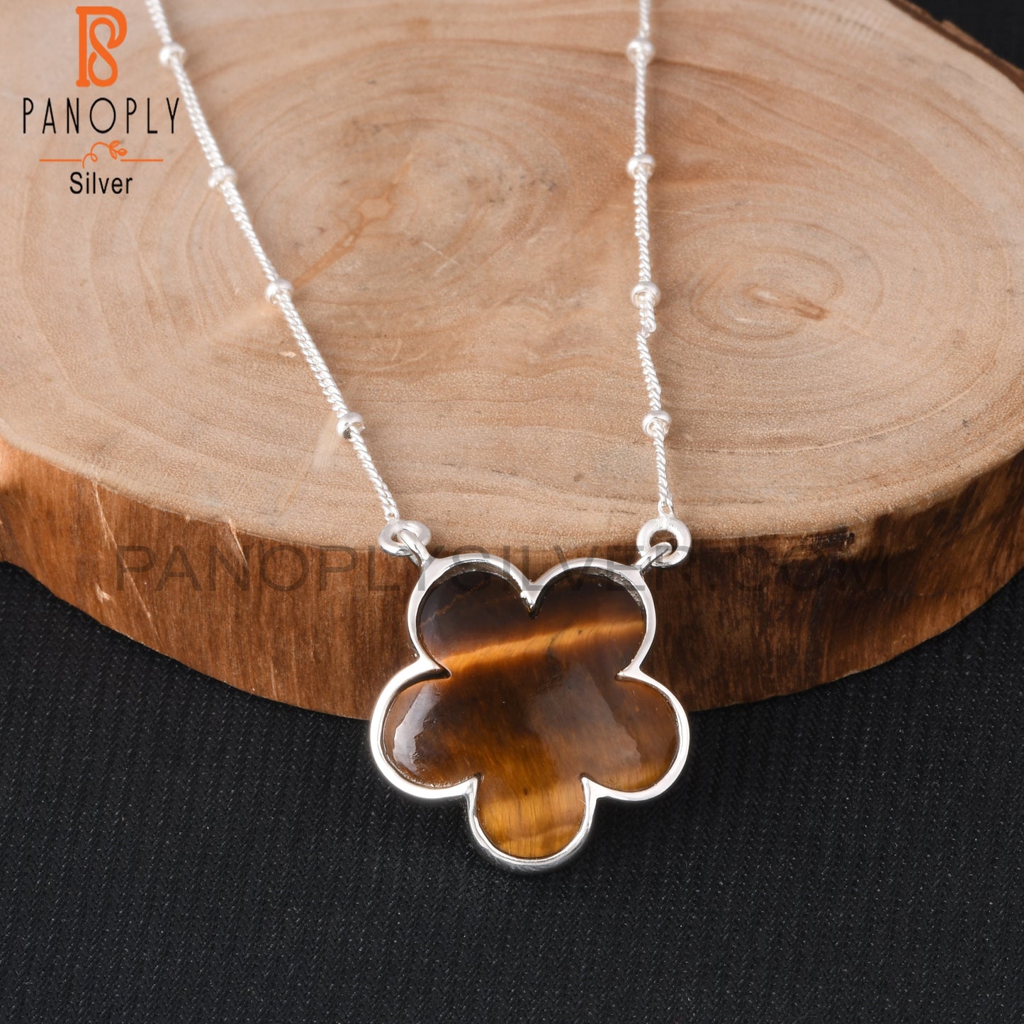 Tiger Eye Yellow Flower 925 Silver Pendant Ball Chain