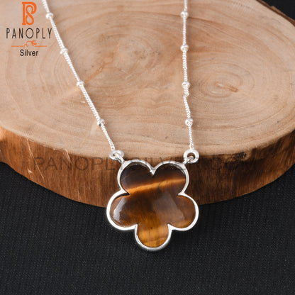 Tiger Eye Yellow Flower 925 Silver Pendant Ball Chain