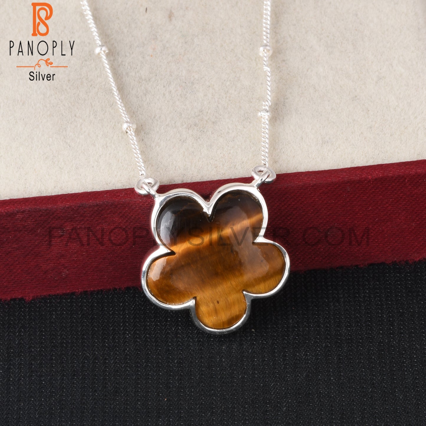 Tiger Eye Yellow Flower 925 Silver Pendant Ball Chain
