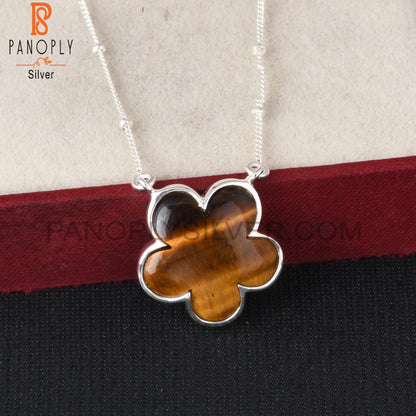 Tiger Eye Yellow Flower 925 Silver Pendant Ball Chain