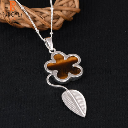 Tiger Eye Yellow Flower 925 Sterling Silver Sun Leaf Pendant