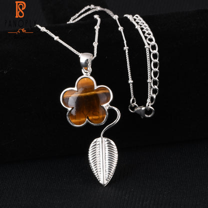 Tiger Eye Yellow Flower 925 Sterling Silver Sun Leaf Pendant