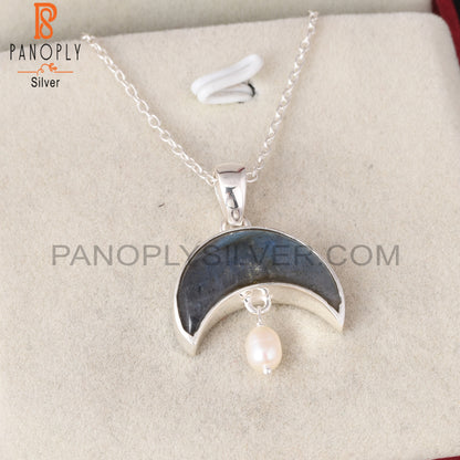 Labradorite & Pearl 925 Sterling Silver Pendant With Chain