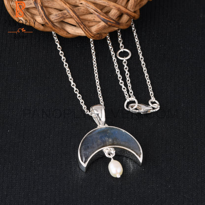 Labradorite & Pearl 925 Sterling Silver Pendant With Chain
