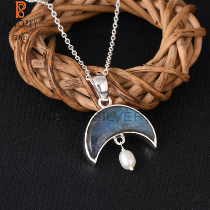 Labradorite & Pearl 925 Sterling Silver Pendant With Chain