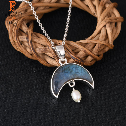 Labradorite & Pearl 925 Sterling Silver Pendant With Chain