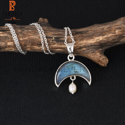 Labradorite & Pearl 925 Sterling Silver Pendant With Chain