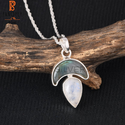 Rainbow Moonstone & Labradorite 925 Pendant With Chain