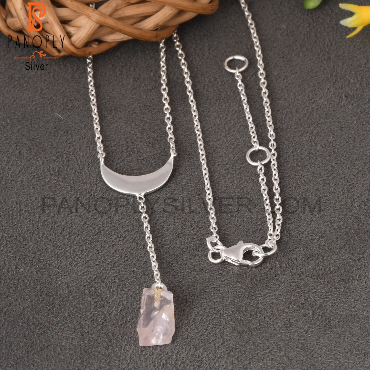 Rose Quartz Rough 925 Sterling Silver Pendant With Chain