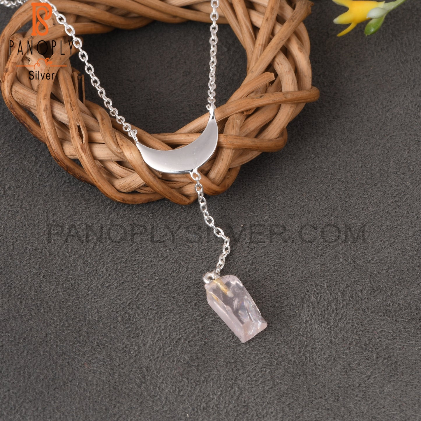 Rose Quartz Rough 925 Sterling Silver Pendant With Chain