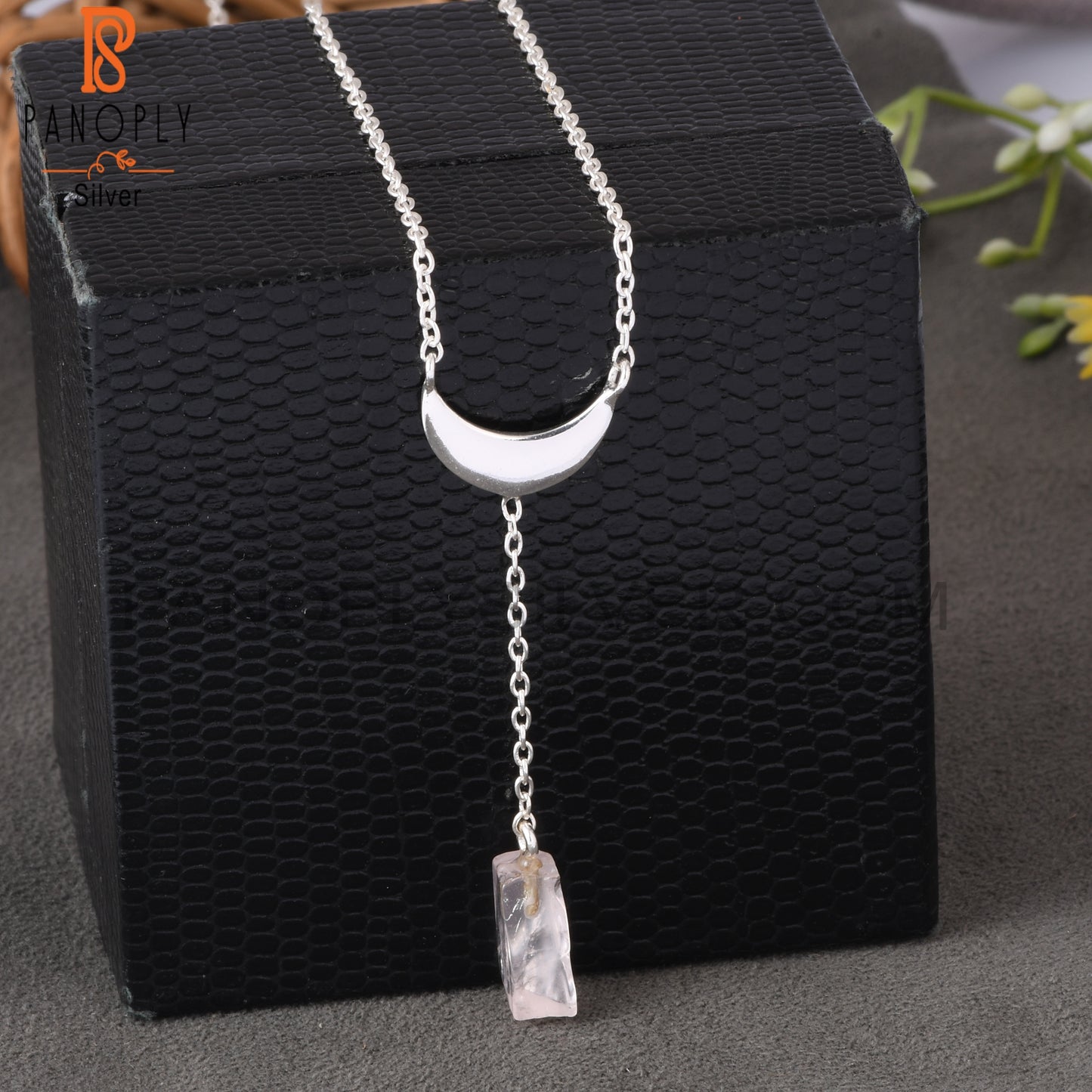 Rose Quartz Rough 925 Sterling Silver Pendant With Chain