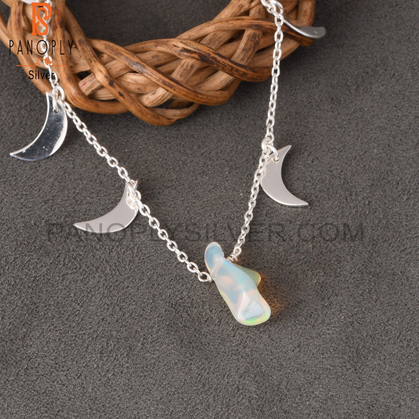 Ethiopian Opal 925 Silver Moon Necklace Pendant With Chain