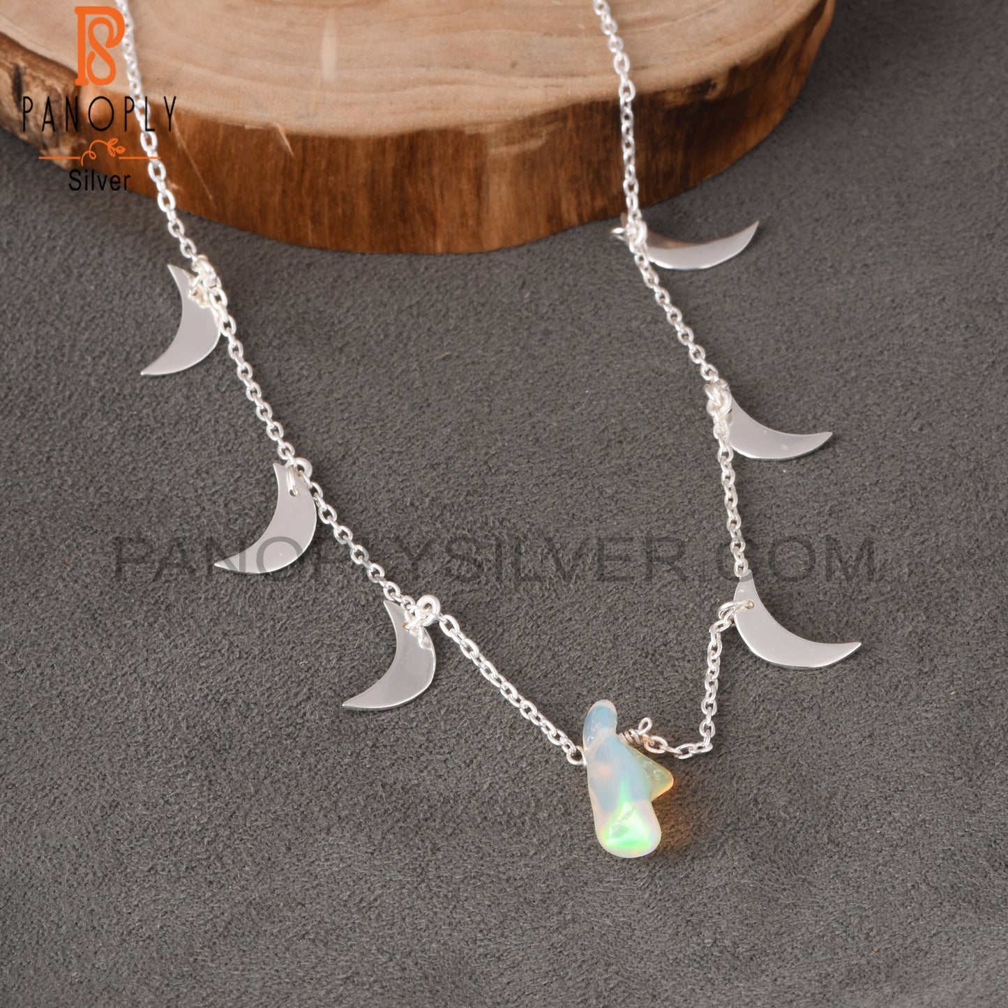 Ethiopian Opal 925 Silver Moon Necklace Pendant With Chain