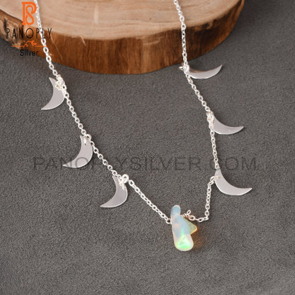 Ethiopian Opal 925 Silver Moon Necklace Pendant With Chain