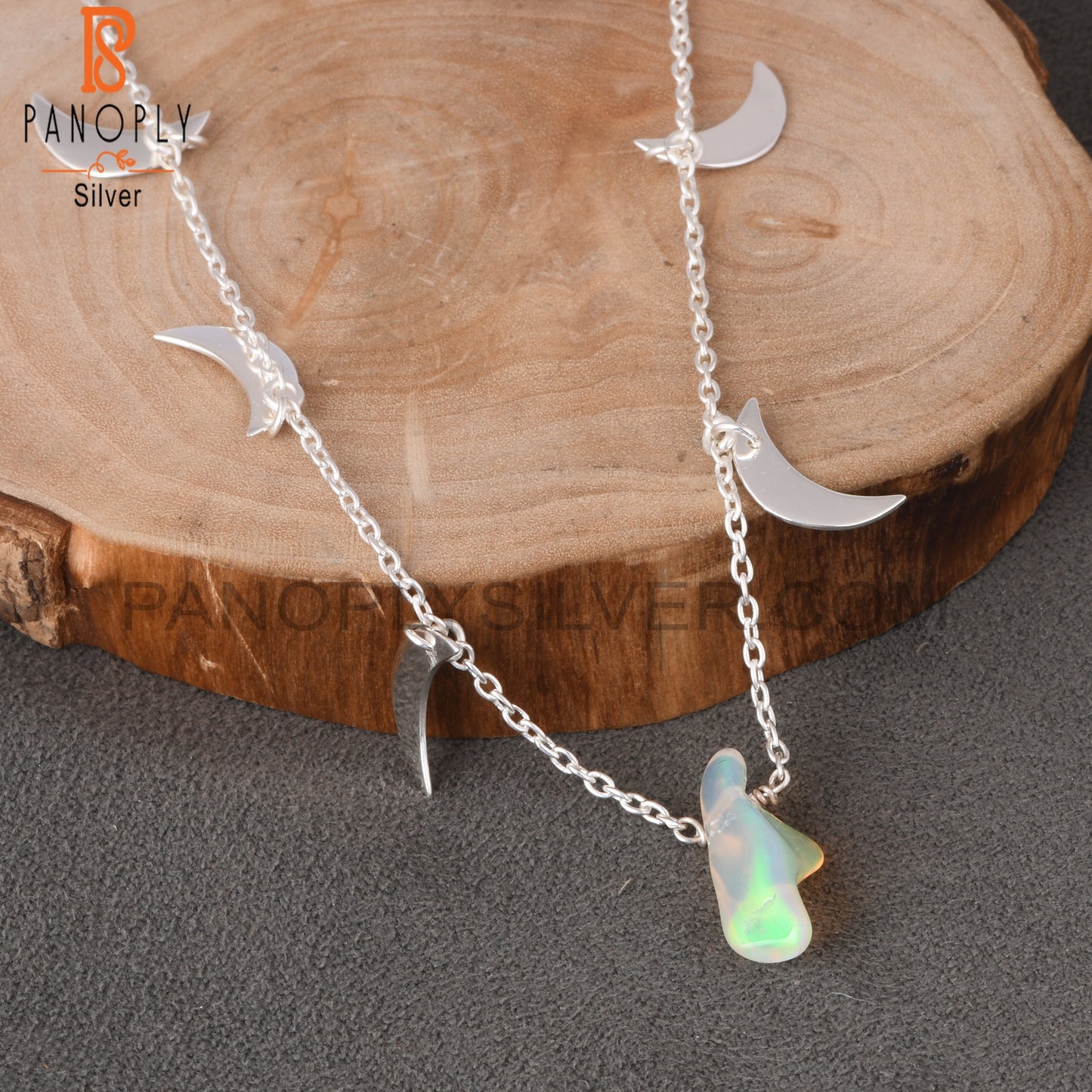 Ethiopian Opal 925 Silver Moon Necklace Pendant With Chain