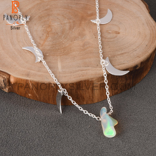 Ethiopian Opal 925 Silver Moon Necklace Pendant With Chain