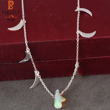 Ethiopian Opal 925 Silver Moon Necklace Pendant With Chain