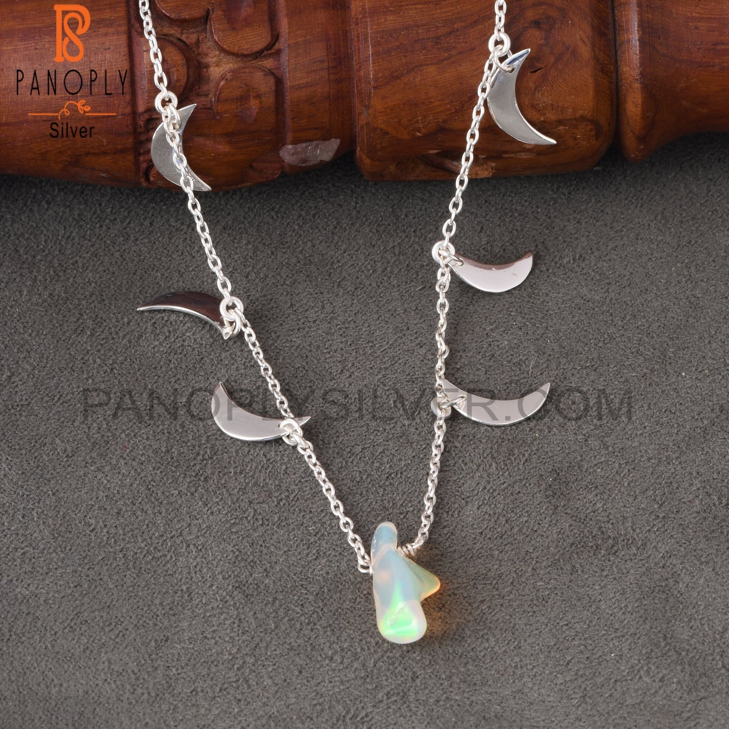 Ethiopian Opal 925 Silver Moon Necklace Pendant With Chain