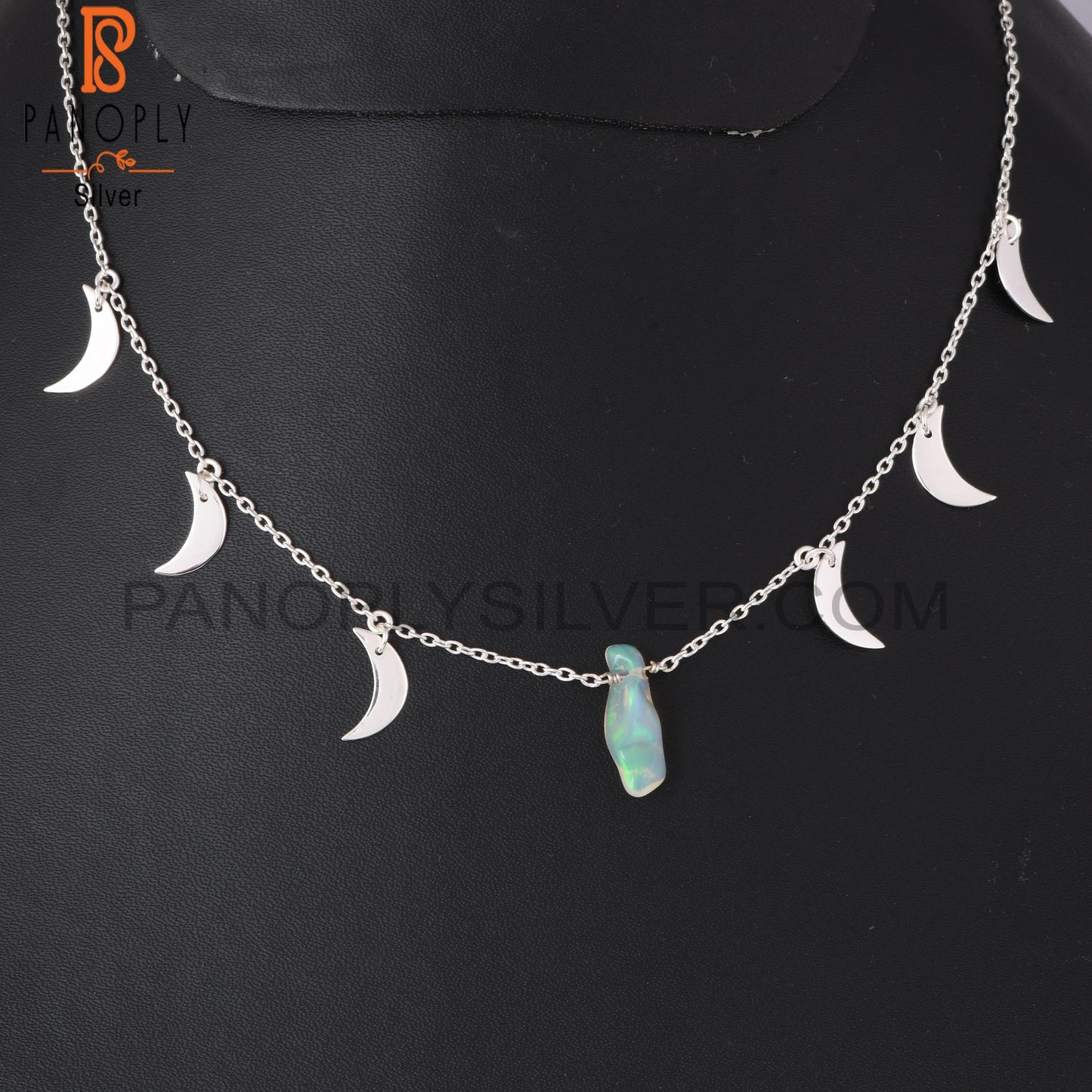 Ethiopian Opal 925 Silver Moon Necklace Pendant With Chain