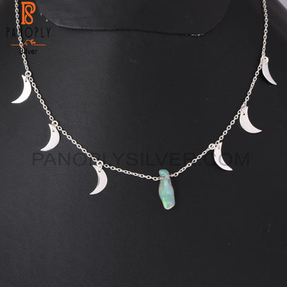 Ethiopian Opal 925 Silver Moon Necklace Pendant With Chain