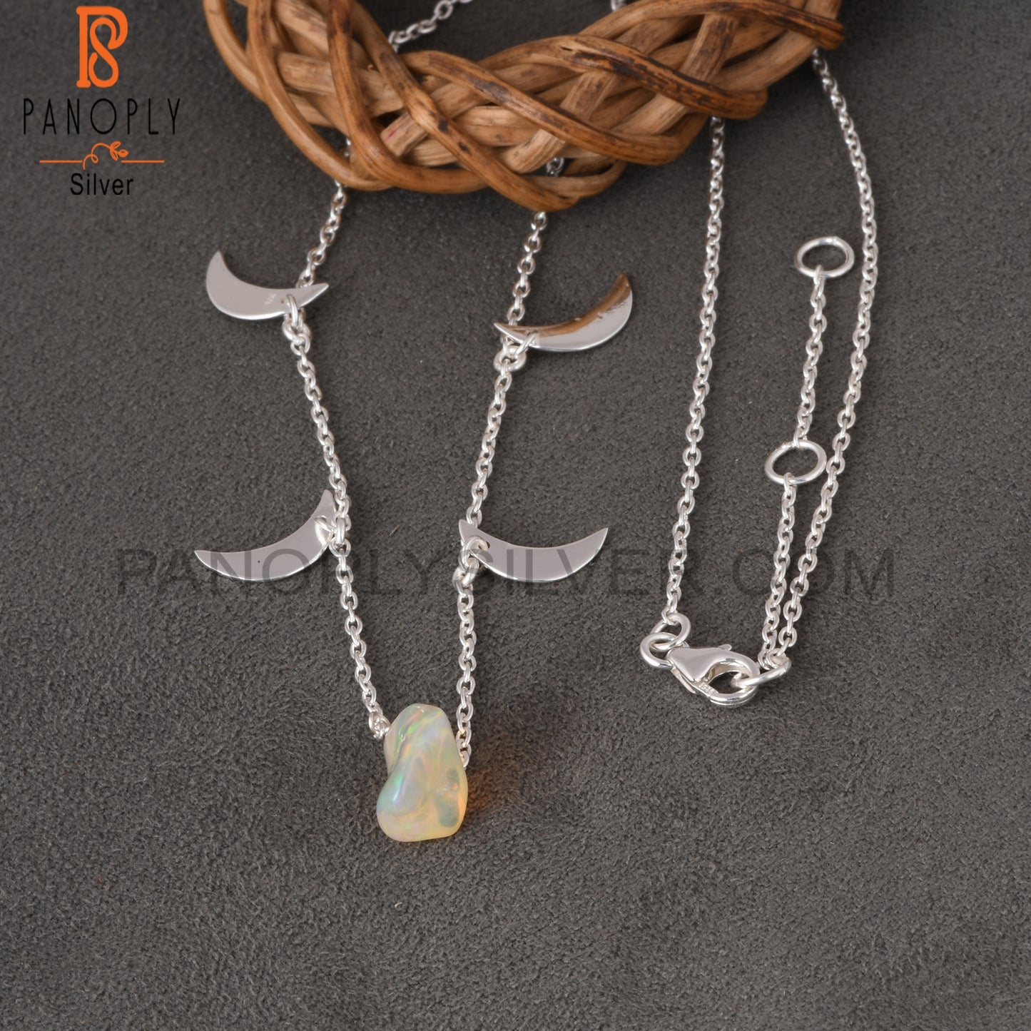 Ethiopian Opal 925 Sterling Silver Moon Pendant With Chain