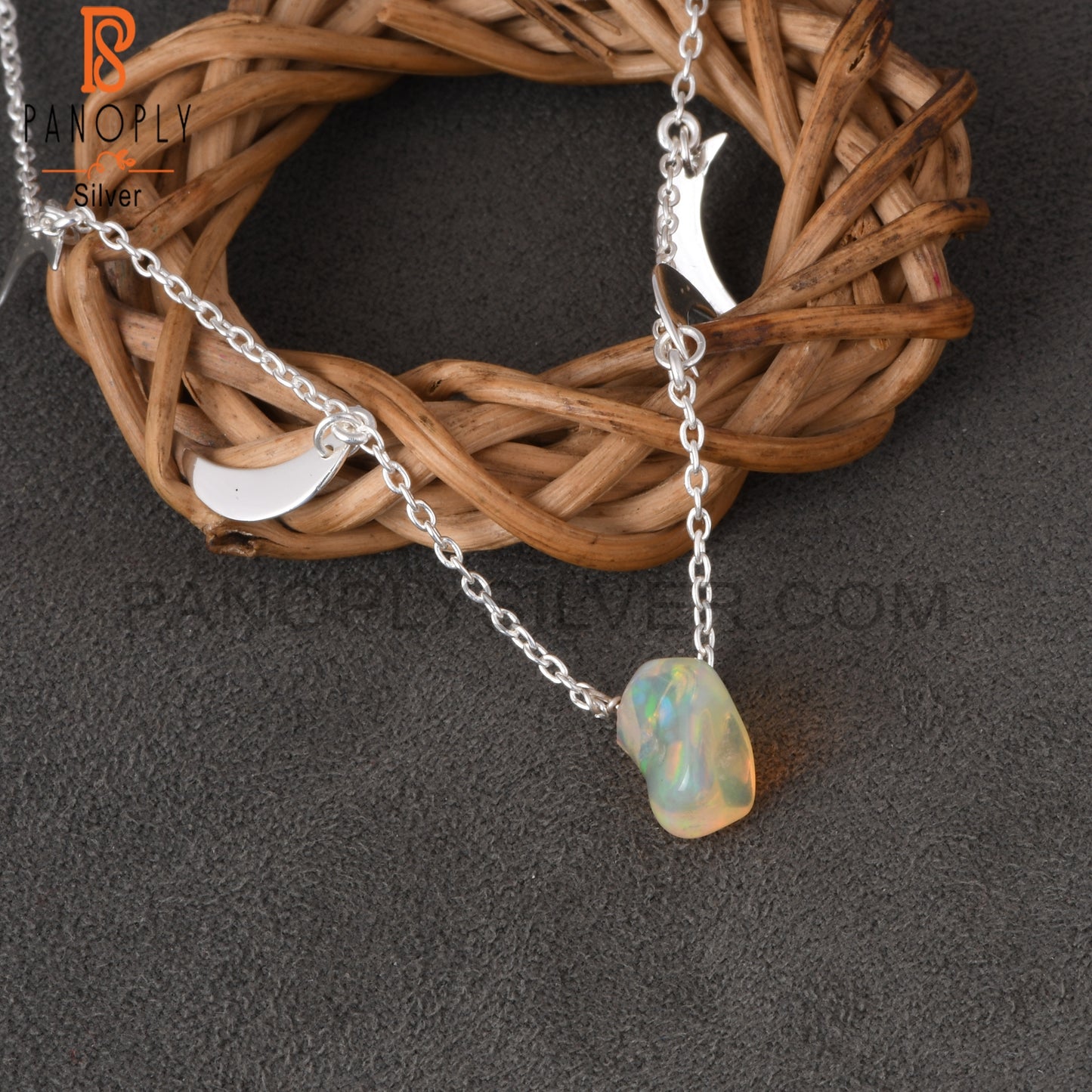 Ethiopian Opal 925 Sterling Silver Moon Pendant With Chain