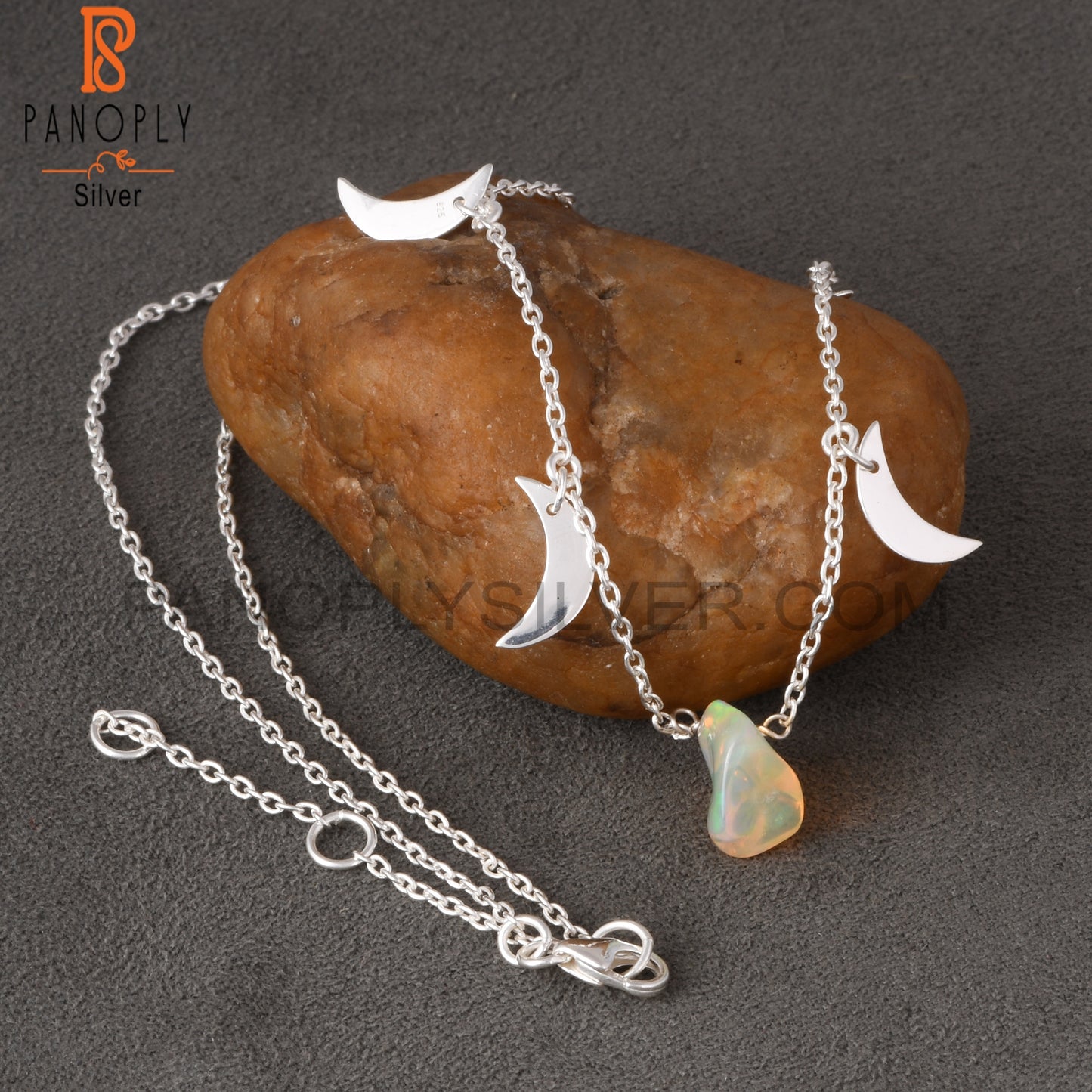Ethiopian Opal 925 Sterling Silver Moon Pendant With Chain