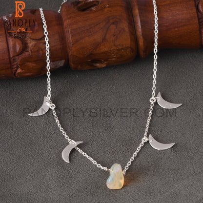 Ethiopian Opal 925 Sterling Silver Moon Pendant With Chain