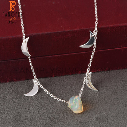 Ethiopian Opal 925 Sterling Silver Moon Pendant With Chain