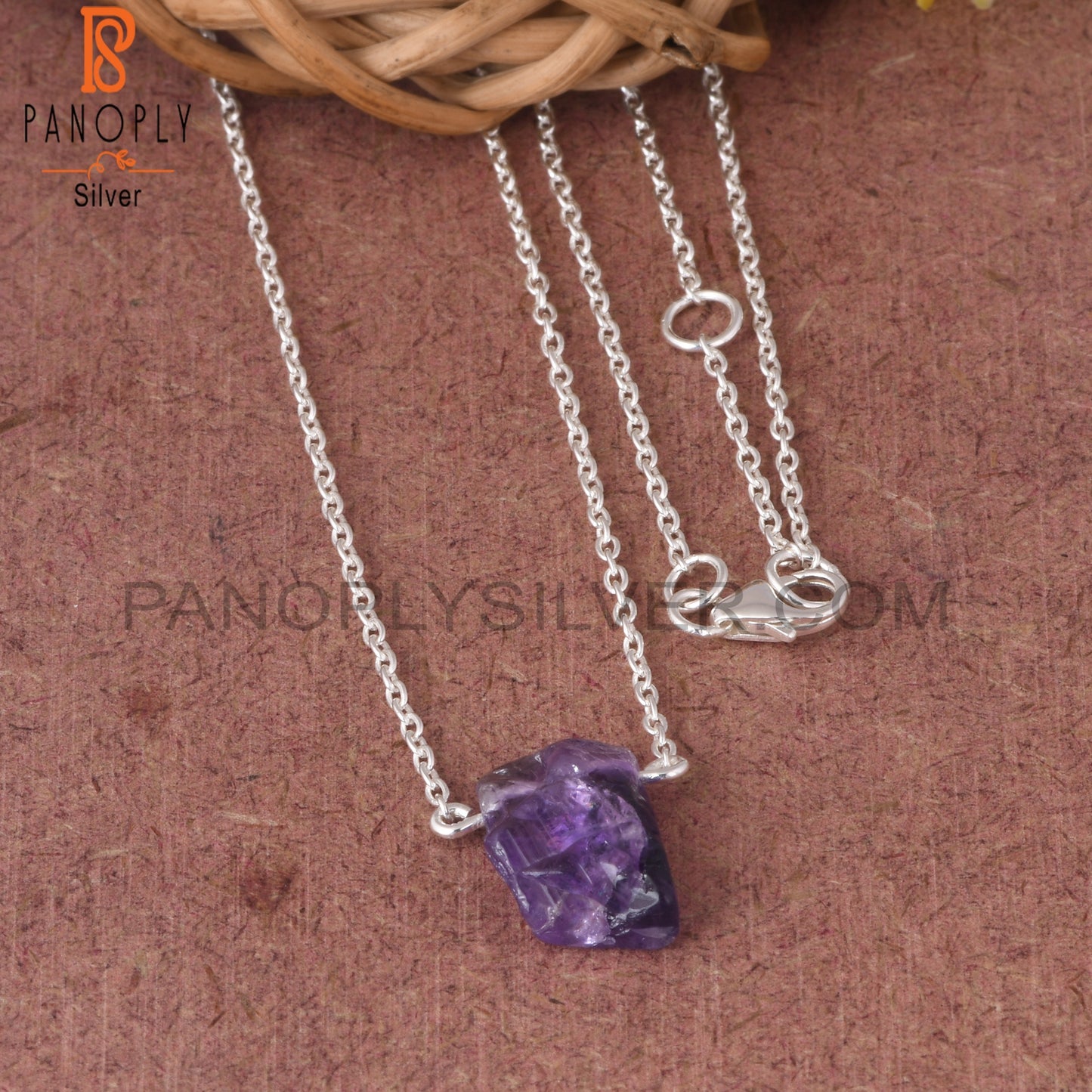 Amethyst Rough 925 Sterling Silver Purple Pendant With Chain