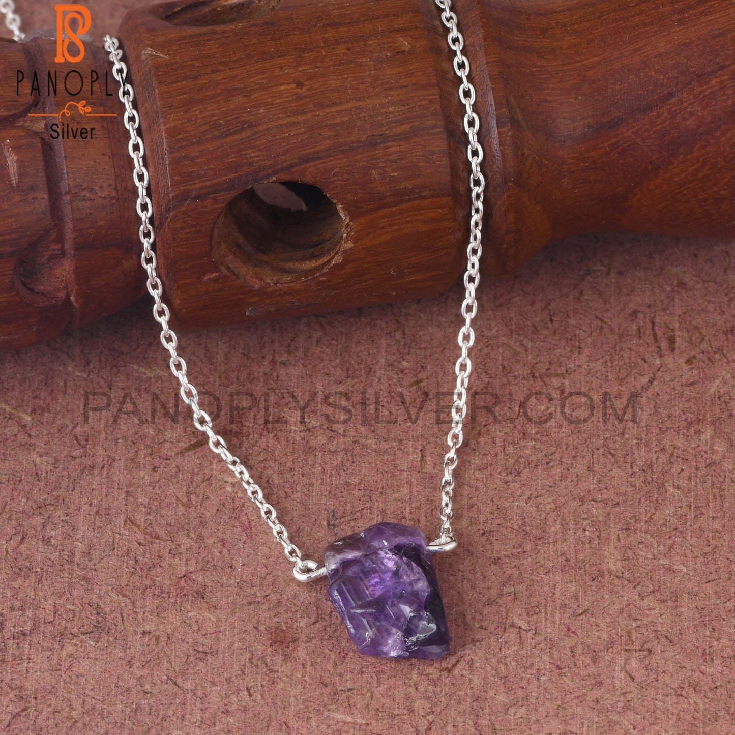 Amethyst Rough 925 Sterling Silver Purple Pendant With Chain