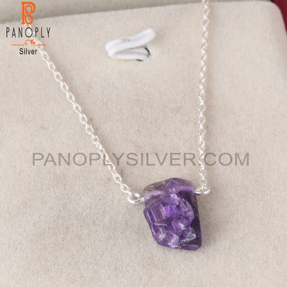 Amethyst Rough 925 Sterling Silver Purple Pendant With Chain