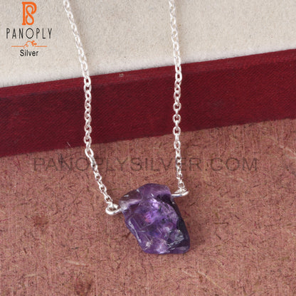 Amethyst Rough 925 Sterling Silver Purple Pendant With Chain