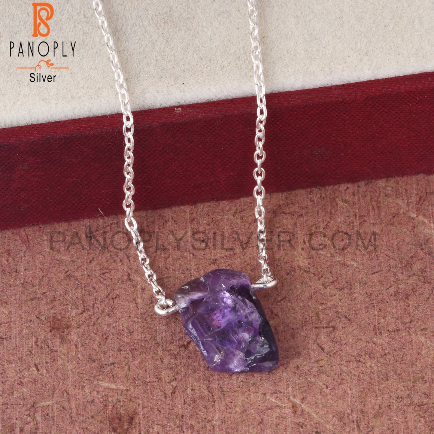 Amethyst Rough 925 Sterling Silver Purple Pendant With Chain