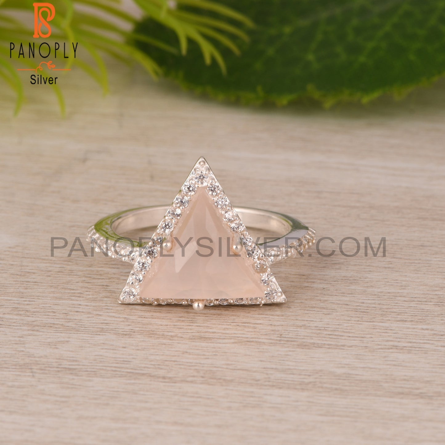 Rose Quartz & Cubic Zirconia Triangle Shape 925 Silver Ring