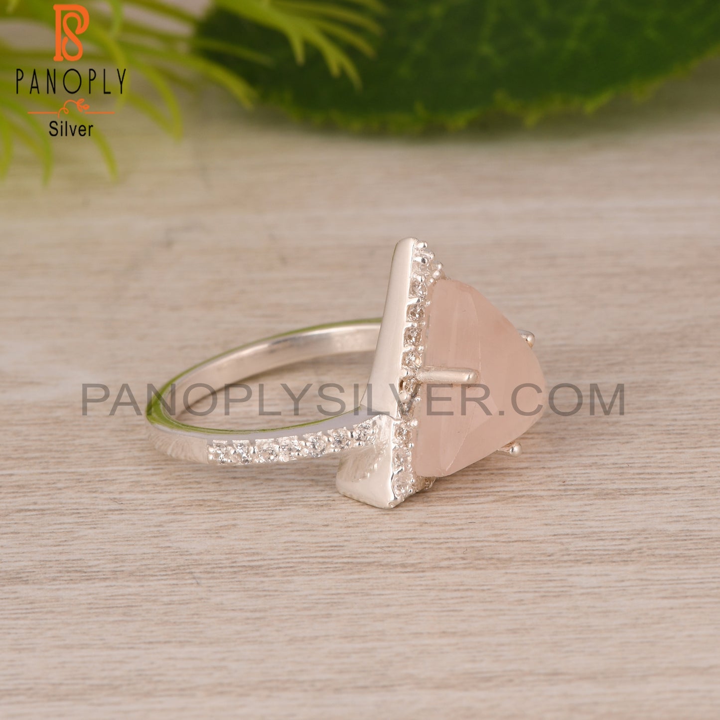 Rose Quartz & Cubic Zirconia Triangle Shape 925 Silver Ring